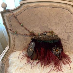 Mary Frances handbag , vintage look, beautiful detailing of feathers and beading